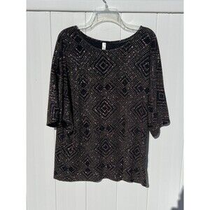Per Seption Concept Women's Blouse Black Metallic Nylon Short Sleeve Size XL